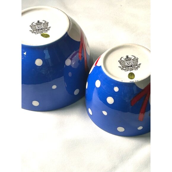 Mary Engelbreit Hand Painted Snowman Bowls Set 2 ND Blue White Polka Dot Winter - Picture 2 of 10